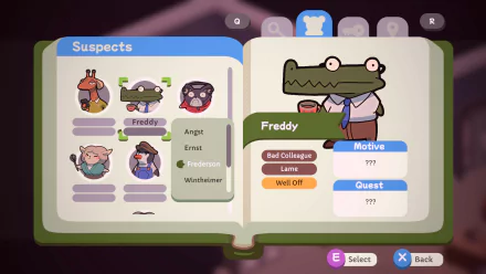 HD desktop wallpaper from the video game Duck Detective: The Secret Salami, featuring a suspect profile screen with characters including Freddy, highlighting motives and quests.