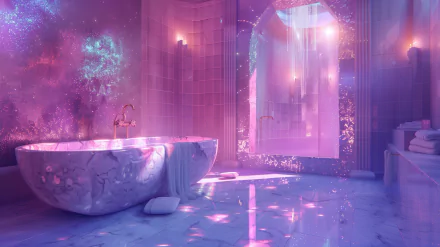 HD desktop wallpaper of a luxurious bathroom interior with vibrant lighting, featuring a marble bathtub and a shower area bathed in pink and purple hues, creating an enchanting ambiance.