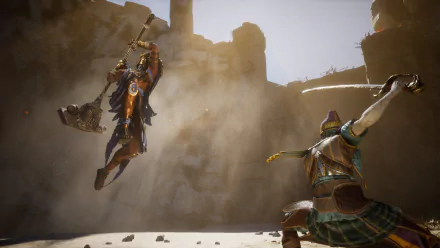 An intense battle scene from the video game Enotria: The Last Song, featuring two warriors in a desert arena. This HD desktop wallpaper captures the energy and excitement of the game.