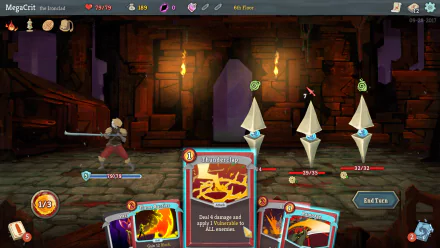 A HD desktop wallpaper and background featuring a gameplay scene from the video game Slay the Spire, depicting a character in combat with three enemies, and various cards displayed at the bottom of the screen.