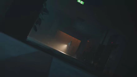 HD desktop wallpaper from the video game The Bridge Curse 2: The Extrication, featuring a dimly lit hallway with a figure standing at the end holding a flashlight, evoking a mysterious and eerie atmosphere.