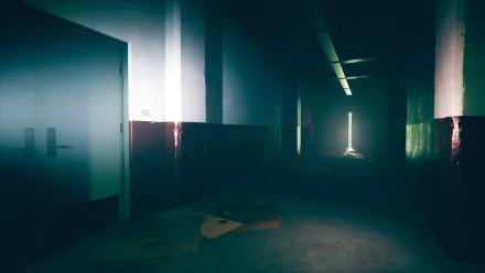 A haunting HD wallpaper from the video game The Bridge Curse 2: The Extrication, featuring a dimly lit, eerie hallway with scattered debris.