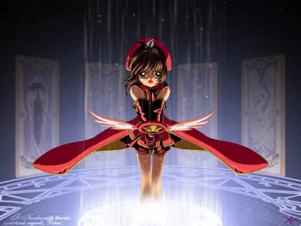 HD desktop wallpaper featuring Cardcaptor Sakura in a dynamic pose, surrounded by magical elements and ethereal lights, capturing the essence of the beloved anime.