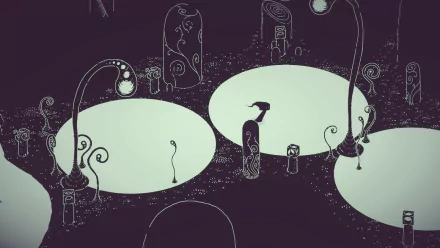 HD desktop wallpaper featuring a dark scene from the video game Hauntii, showcasing abstract, glowing shapes and mysterious, artistic elements.