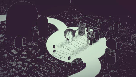 HD desktop wallpaper featuring an environment from the video game Hauntii, showcasing a mysterious, monochromatic dreamscape with ancient structures and paths winding through a dark landscape.