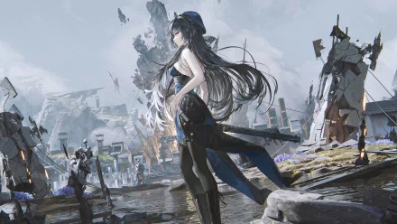 HD desktop wallpaper of Yangyang from the video game Wuthering Waves, featuring her standing in a detailed, post-apocalyptic landscape with ruins and a cloudy sky in the background.