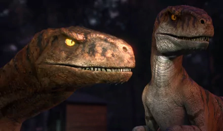 HD desktop wallpaper featuring two Velociraptors from the TV show Jurassic World: Chaos Theory, set against a dimly lit background.