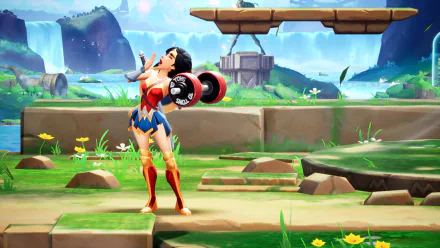 HD desktop wallpaper and background of Wonder Woman character in the video game MultiVersus, set in a vibrant, animated outdoor environment with lush greenery and waterfalls.