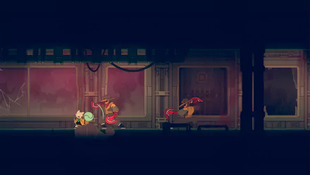HD wallpaper from the video game Nine Sols, showcasing a side-scrolling scene with a character and enemies in a dimly lit, futuristic environment.
