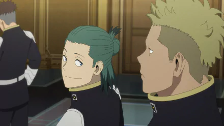 HD desktop wallpaper featuring an anime scene from Kaiju No. 8, with two characters in military-style uniforms, one looking back with a smile.