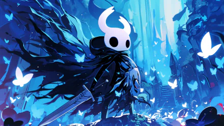HD desktop wallpaper featuring the protagonist from the video game Hollow Knight with a mysterious, moody blue background, tagged with Hollow Knight and Hollow Knight: Silksong.