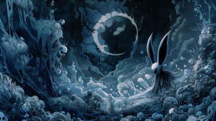 HD desktop wallpaper featuring art from the video game Hollow Knight, showing an eerie, atmospheric scene with intricate details and a dark, mystical landscape.