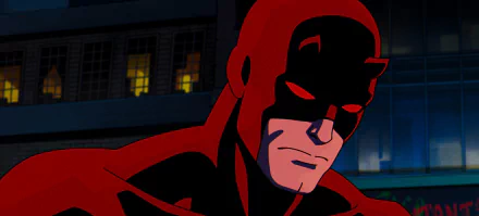 HD desktop wallpaper featuring Daredevil from the TV show X-Men '97, portraying him in a dark, urban setting with a building in the background.
