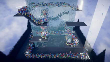 HD desktop wallpaper featuring a scene from the video game Humanity (2024), showing a complex structure with numerous colorful human figures navigating multi-level platforms.