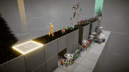 HD desktop wallpaper of the video game Humanity (2024), depicting a crowd of people navigating a complex, futuristic environment with glowing elements.
