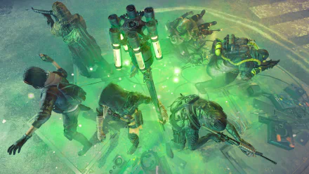HD desktop wallpaper and background featuring characters from the video game XDefiant, depicted in a dynamic, action-packed scene with green lighting and smoke effects.