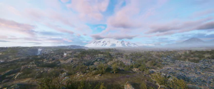HD desktop wallpaper and background from the video game Senua's Saga: Hellblade II featuring a vast, serene landscape with a snow-capped mountain under a vibrant, partly cloudy sky.