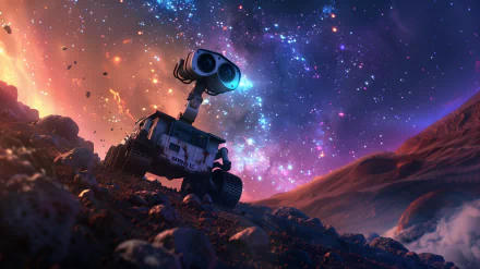 HD wallpaper featuring the robot from the movie Wall·E gazing upwards amidst a starry, colorful cosmic background with rocky terrain in the foreground.