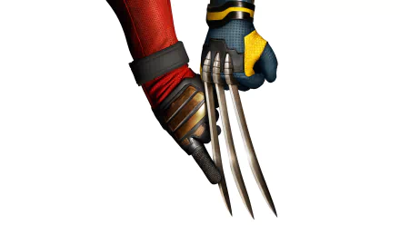 HD desktop wallpaper of Deadpool and Wolverine, featuring their hands: Deadpool holding a sword and Wolverine with his claws extended.