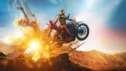 HD desktop wallpaper of Deadpool and Wolverine riding a motorcycle amidst a dramatic explosion in a rugged landscape.