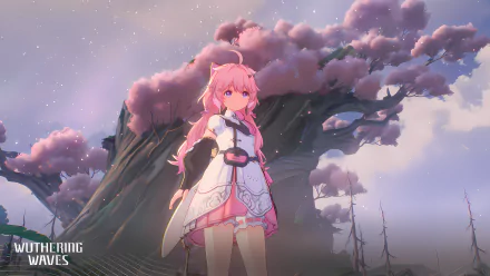 4K Ultra HD PC desktop wallpaper featuring Encore from Wuthering Waves standing under a large, blooming tree with pink clouds in the sky.