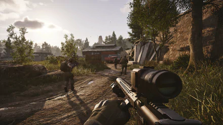 HD desktop wallpaper of Arena Breakout: Infinite, featuring a first-person shooter perspective with a detailed sniper rifle and soldiers advancing through a wooded, sunlit environment.