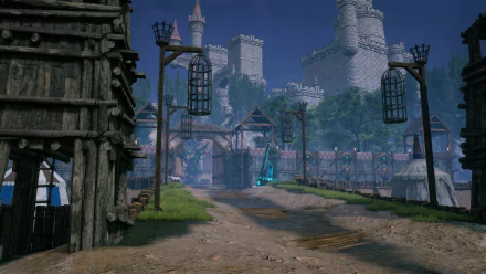 HD desktop wallpaper and background image of the video game Rise Online, featuring a medieval castle scene with wooden structures and lanterns lining a dirt pathway.