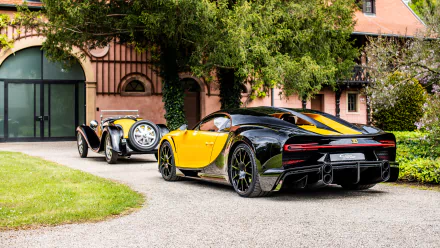 HD desktop wallpaper featuring a Bugatti Chiron Super Sport 55, in a vibrant setting with lush greenery and a classic car in the background.