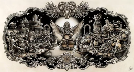 Fantasy HD PC desktop wallpaper background: ornate monochrome mural with a central winged guardian statue beneath a ram‑skull crest, flanked by intricate cities, creatures and machines.