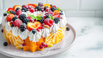 A vibrant gourmet dessert cake decorated with whipped cream and assorted fresh berries on a plate, captured in 4K Ultra HD for PC desktop wallpaper use.