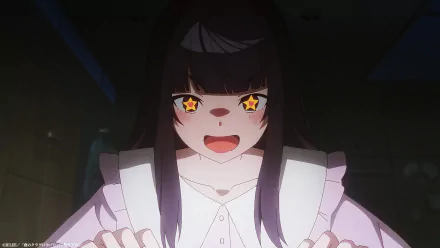 HD desktop wallpaper featuring a character from Jellyfish Can’t Swim in the Night. The character's eyes are star-shaped, and they have dark hair. The scene is dark, illuminating the character's expression.