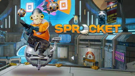 HD desktop wallpaper of Star Wars: Hunters featuring a character named Sprocket, holding a blaster, in a futuristic, sci-fi environment with bright graphics and technological elements.