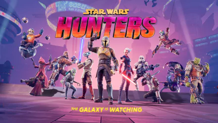 HD desktop wallpaper featuring characters from the video game Star Wars: Hunters with bold text stating The Galaxy is Watching.