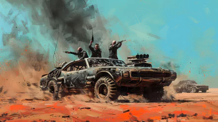 HD desktop wallpaper featuring a thrilling Mad Max movie scene with rugged vehicles and characters in a dusty, post-apocalyptic landscape, radiating action and intensity.