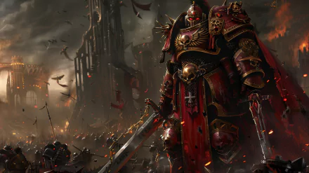 HD desktop wallpaper depicting a Warhammer video game scene with a formidable armored warrior wielding a large sword amidst a dark, chaotic battlefield. 