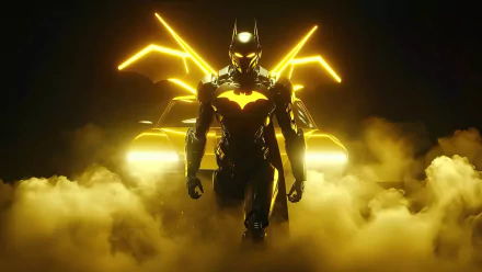 Futuristic artwork of Batman from Batman Beyond, featuring neon yellow highlights and a dramatic, smoke-filled background. The image serves as an HD desktop wallpaper.