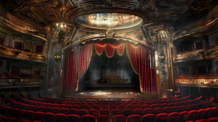 HD theater desktop wallpaper and background featuring an ornate, vintage-style theater interior with red velvet seats, a grand stage curtain, and intricate architectural details.