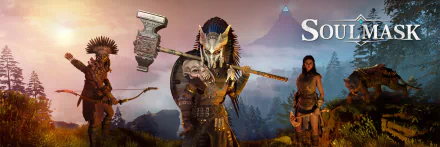 HD desktop wallpaper featuring characters from the video game Soulmask, with a mountainous background and the game's title on the top right.