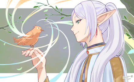 Anime-style 4K Ultra HD wallpaper of Frieren from Frieren: Beyond Journey's End, featuring the elf with long white hair gently holding a small brown bird.
