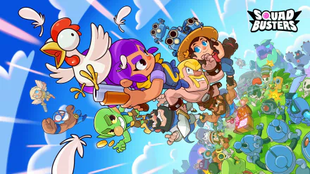 HD desktop wallpaper and background featuring colorful characters from the video game Squad Busters, depicted in dynamic action with varied expressions and poses against a vibrant blue sky.