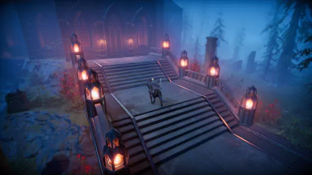 An HD desktop wallpaper from the video game V Rising showing a character on horseback ascending a grand, lantern-lit staircase surrounded by a mysterious, foggy forest.