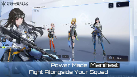 HD desktop wallpaper featuring characters from the video game Snowbreak: Containment Zone ready for battle. The text reads Power Made Manifest: Fight Alongside Your Squad.