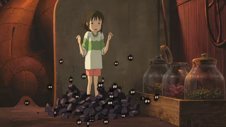 Anime HD wallpaper featuring Chihiro from Studio Ghibli’s Spirited Away surrounded by soot sprites in a dimly lit room.
