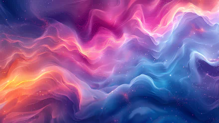 HD PC desktop wallpaper featuring fluid, abstract curves in vibrant pink, purple, and blue tones with a soft glow, created as AI art.
