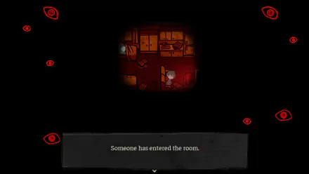 HD desktop wallpaper of the video game The Coffin of Andy and Leyley, featuring a dark room with a character inside and the text Someone has entered the room, surrounded by red eyes on a black background.