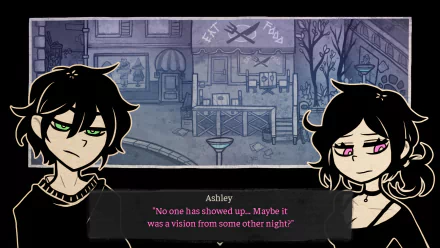 HD wallpaper from the video game The Coffin of Andy and Leyley, featuring two animated characters with a dialogue box in a moody, urban setting.