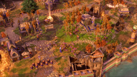 HD desktop wallpaper of Age of Mythology: Retold video game featuring a vibrant, detailed scene of a mythological city and its surroundings.