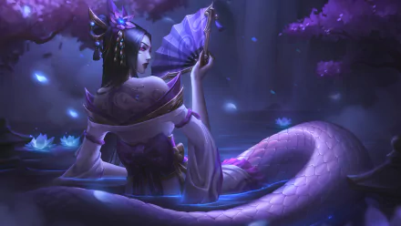 HD desktop wallpaper featuring Cassiopeia from the video game League of Legends, depicted in a mystical, serene setting with purple hues and ethereal lighting.