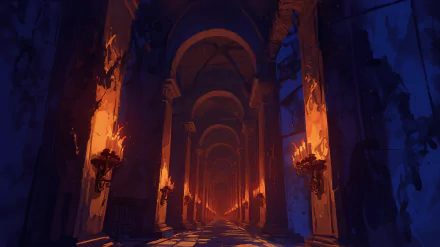 HD anime dark hall background with torches lining the walls, casting a warm glow through the arches.