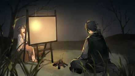 HD desktop wallpaper of The Hungry Lamb: Traveling in the Late Ming Dynasty video game. It features two characters by a campfire, with one sitting on the ground and the other near an illuminated screen.